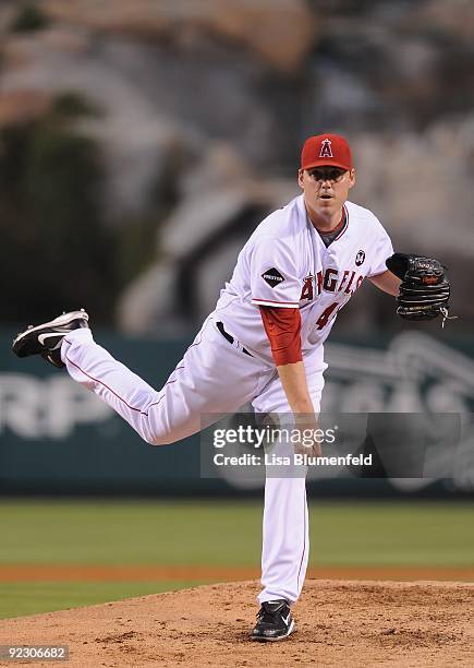 John Lackey of the Los Angeles Angels of Anaheim pitches against the Oakland Athletics at Angel Stadium of Anaheim on September 26, 2009 in Anaheim,...