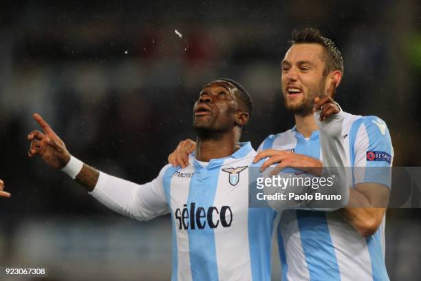 Bastos with his teammate Stefan De Vrij of SS Lazio celebrates after scoring the team's second goal during UEFA Europa League Round of 32 match...