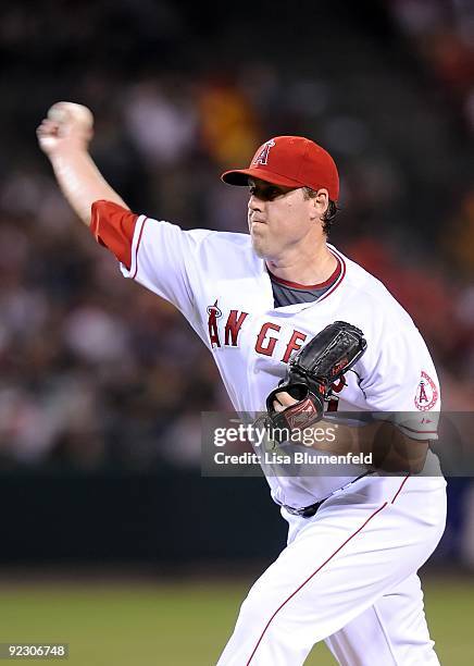 John Lackey of the Los Angeles Angels of Anaheim pitches against the Oakland Athletics at Angel Stadium of Anaheim on September 26, 2009 in Anaheim,...