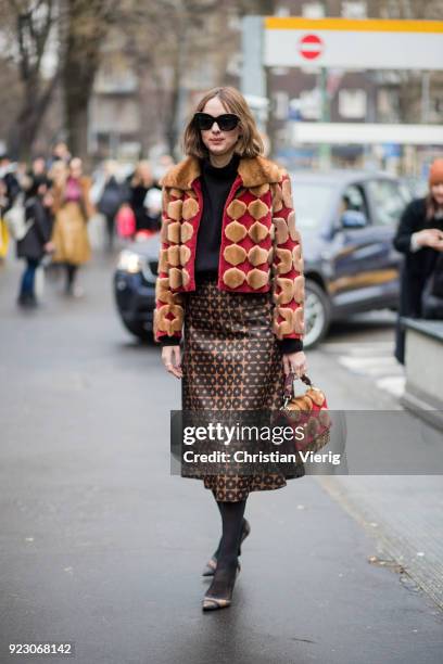 Candela Novembre wearing jacket, Fendi skirt, bag seen outside Fendi during Milan Fashion Week Fall/Winter 2018/19 on February 22, 2018 in Milan,...