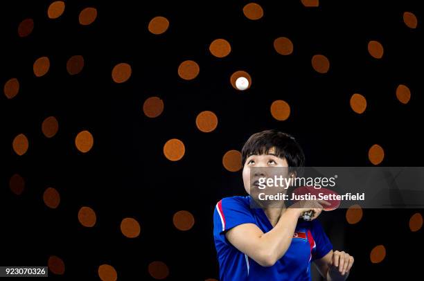 Song I Kim of People's Republic of Korea serves against Yuling Zhu of China during the ITTF Team World Cup Table Tennis at Copper Box Arena on...