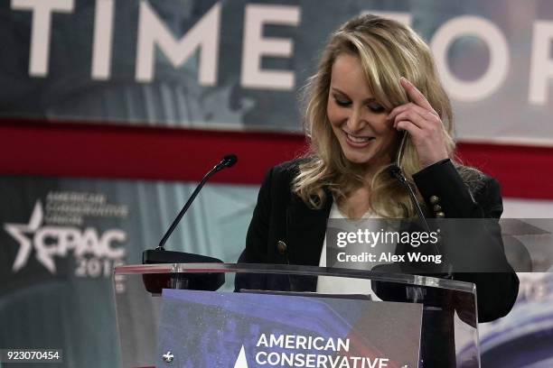 Politician Marion Marechal-Le Pen of French National Front party and a former member of the French National Assembly speaks during CPAC 2018 February...