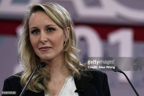 Politician Marion Marechal-Le Pen of French National Front party and a former member of the French National Assembly speaks during CPAC 2018 February...