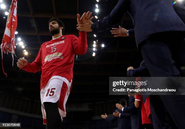 Georgios Printezis, #15 of Olympiacos Piraeus enters the court before the 2017/2018 Turkish Airlines EuroLeague Regular Season Round 23 game between...