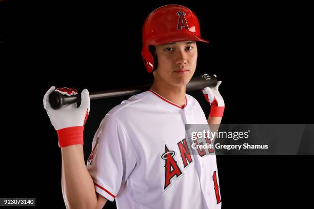 Shohei Ohtani of the Los Angeles Angels from Japan poses during Los Angeles Angels Photo Day at Tempe Diablo Stadium on February 22, 2018 in Tempe,...