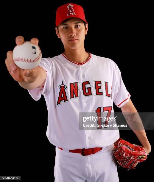 Shohei Ohtani of the Los Angeles Angels from Japan poses during Los Angeles Angels Photo Day at Tempe Diablo Stadium on February 22, 2018 in Tempe,...