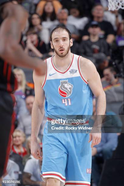 Kosta Koufos of the Sacramento Kings looks on during the game against the Portland Trail Blazers on February 9, 2018 at Golden 1 Center in...