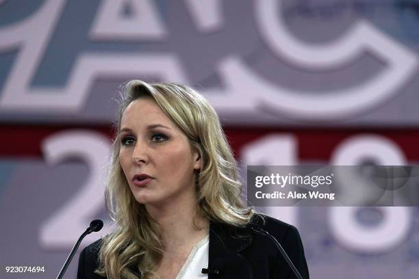 Politician Marion Marechal-Le Pen of French National Front party and a former member of the French National Assembly speaks during CPAC 2018 February...