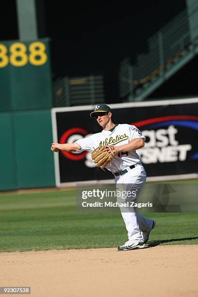 Mark Ellis of the Oakland Athletics fielding during the game against the Cleveland Indians at the Oakland Coliseum on September 19, 2009 in Oakland,...