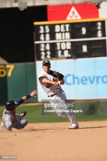 Cliff Pennington of the Oakland Athletics turns two during the game against the Cleveland Indians at the Oakland Coliseum on September 19, 2009 in...