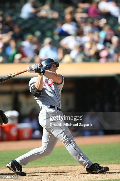 Travis Hafner of the Cleveland Indians bats during the game against the Oakland Athletics at the Oakland Coliseum on September 19, 2009 in Oakland,...