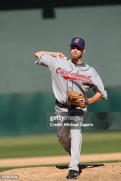 Kerry Wood of the Cleveland Indians pitches during the game against the Oakland Athletics at the Oakland Coliseum on September 19, 2009 in Oakland,...