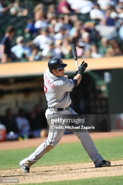 Matt LaPorta of the Cleveland Indians bats during the game against the Oakland Athletics at the Oakland Coliseum on September 19, 2009 in Oakland,...