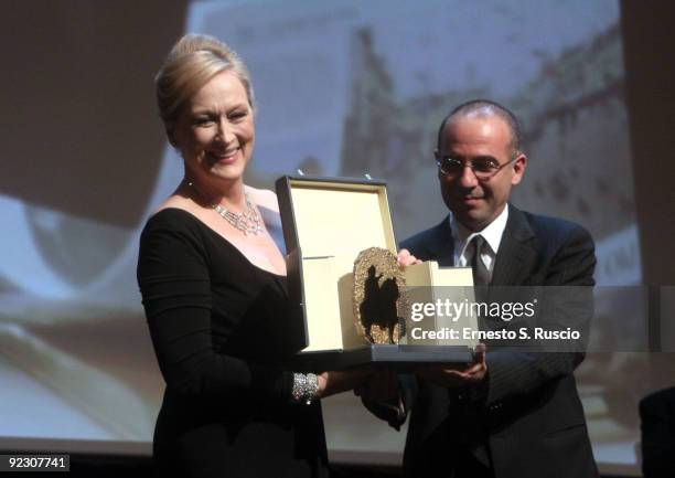 Actress Meryl Streep and academy award winner director Giuseppe Tornatore during the Official Awards Ceremony on Day 9 of the 4th International Rome...