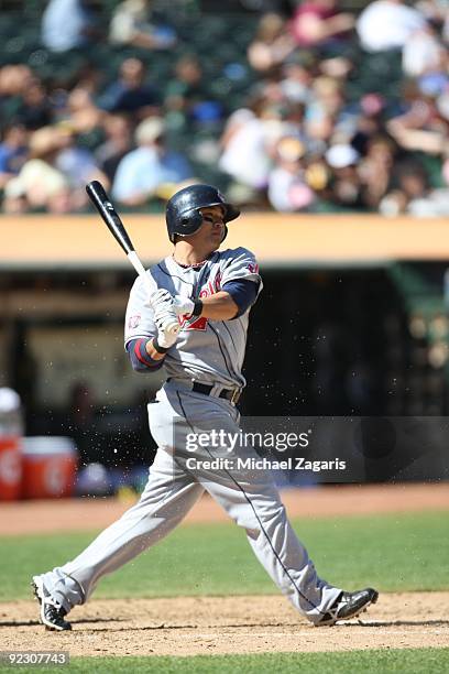 Shin-Soo Choo of the Cleveland Indians bats during the game against the Oakland Athletics at the Oakland Coliseum on September 19, 2009 in Oakland,...