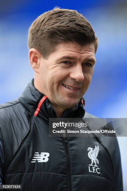 Liverpool coach Steven Gerrard looks on before the UEFA Youth League Round of 16 match between Liverpool and Manchester United at Prenton Park on...