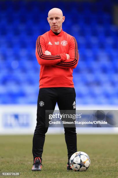 Man Utd coach Nicky Butt looks on before the UEFA Youth League Round of 16 match between Liverpool and Manchester United at Prenton Park on February...