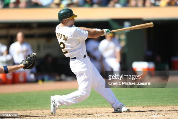 Scott Hairston of the Oakland Athletics bats during the game against the Cleveland Indians at the Oakland Coliseum on September 19, 2009 in Oakland,...
