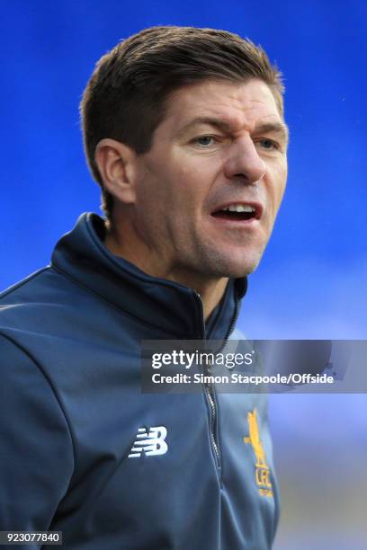 Liverpool coach Steven Gerrard issues instructions during the UEFA Youth League Round of 16 match between Liverpool and Manchester United at Prenton...