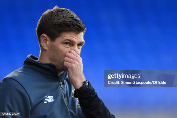 Liverpool coach Steven Gerrard looks dejected during the UEFA Youth League Round of 16 match between Liverpool and Manchester United at Prenton Park...