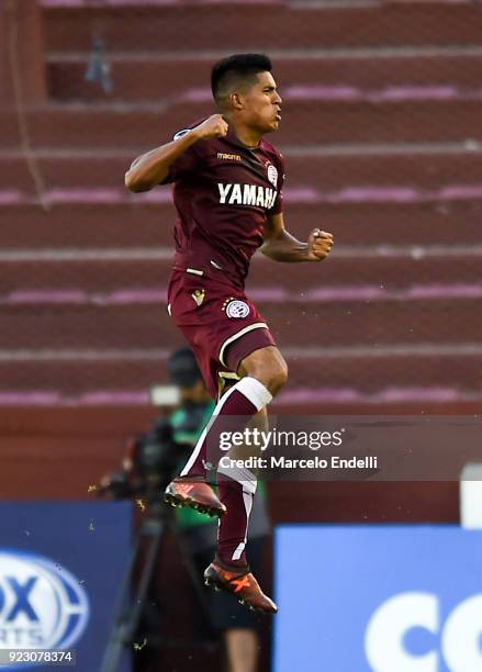 Bruno Vides of Lanus celebrates after scoring the opening goal during a first leg match between Lanus and Sporting Cristal as part of first round of...