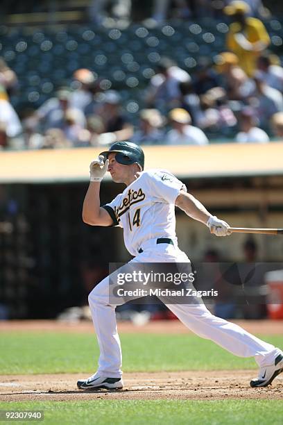 Mark Ellis of the Oakland Athletics bats during the game against the Cleveland Indians at the Oakland Coliseum on September 19, 2009 in Oakland,...
