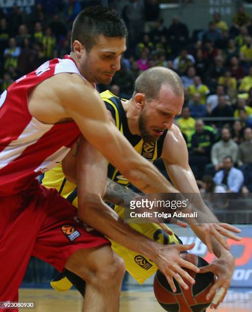 Sinan Guler, #32 of Fenerbahce Dogus in action with Andrea Cianciarini, #20 of AX Armani Exchange Olimpia Milan during the 2017/2018 Turkish Airlines...
