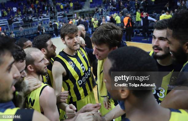 Baris Hersek, #5 of Fenerbahce Dogus celebrates with his team mates after the 2017/2018 Turkish Airlines EuroLeague Regular Season Round 23 game...