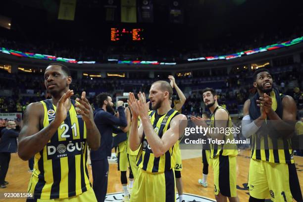 James Nunnally, #21, Sinan Guler, #32, Nikola Kalinic, #33 and Jason Thompson, #1 of Fenerbahce Dogus celebrates after the 2017/2018 Turkish Airlines...