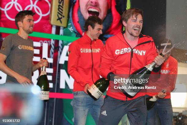 Fabian Riessle of Germany of Germany celebrates at the German house during day thirteen of the PyeongChang 2018 Winter Olympic Games in South Korea.