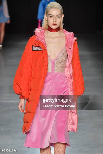 Model walks the runway at the Daizy Shely show during Milan Fashion Week Fall/Winter 2018/19 on February 22, 2018 in Milan, Italy.