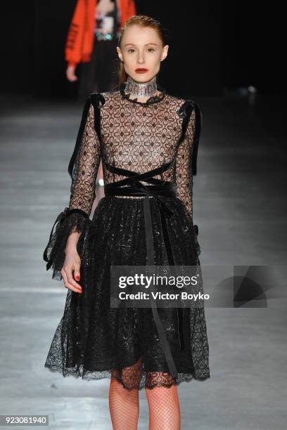 Model walks the runway at the Daizy Shely show during Milan Fashion Week Fall/Winter 2018/19 on February 22, 2018 in Milan, Italy.