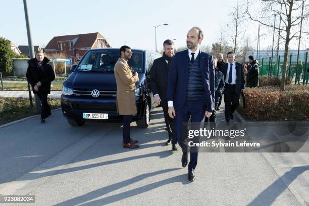 French Prime Minister Edouard Philippe visits Northern France on February 22, 2018 in Pecquencourt near Douai, France.