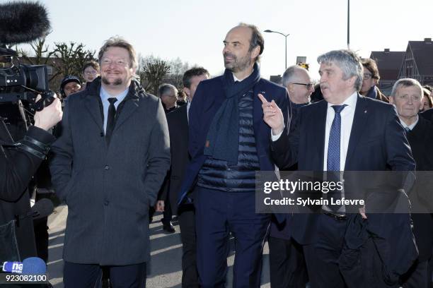 French Prime Minister Edouard Philippe visits Northern France on February 22, 2018 in Pecquencourt near Douai, France.