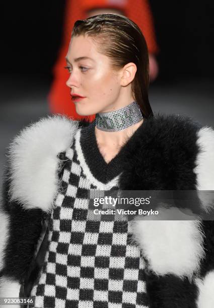 Model walks the runway at the Daizy Shely show during Milan Fashion Week Fall/Winter 2018/19 on February 22, 2018 in Milan, Italy.