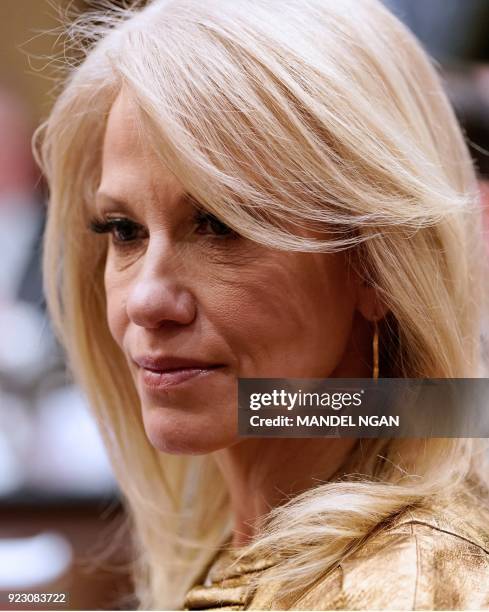 Counselor to the President, Kellyanne Conway, attends a meeting with state and local officials on school safety in the Roosevelt Room of the White...