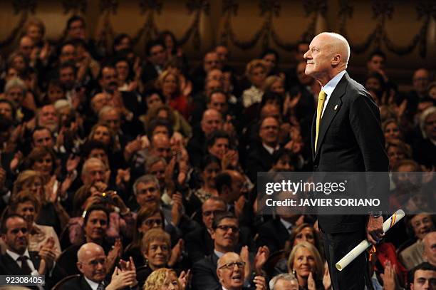 British architect Norman Foster smiles after the Prince of Asturias Award Laureate for Arts Spain's Prince Felipe during a ceremony at the Campoamor...