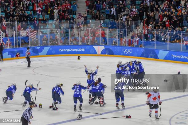 South Korea The U.S. Women's hockey team celebrates beating Canada 3-2 in a shootout following the women's gold medal hockey game between the U.S.A....