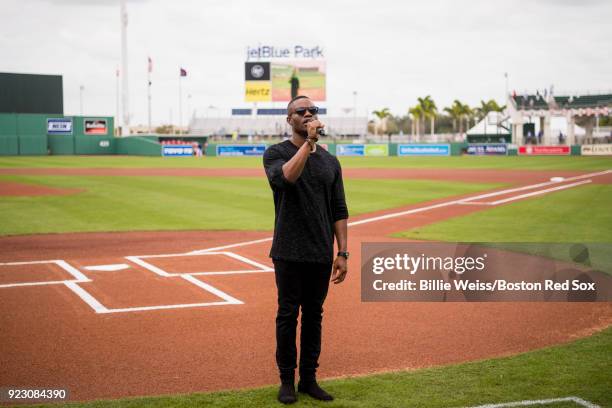 The National Anthem is sung before a game between the Boston Red Sox and Northeastern University on February 22, 2018 at jetBlue Park at Fenway South...