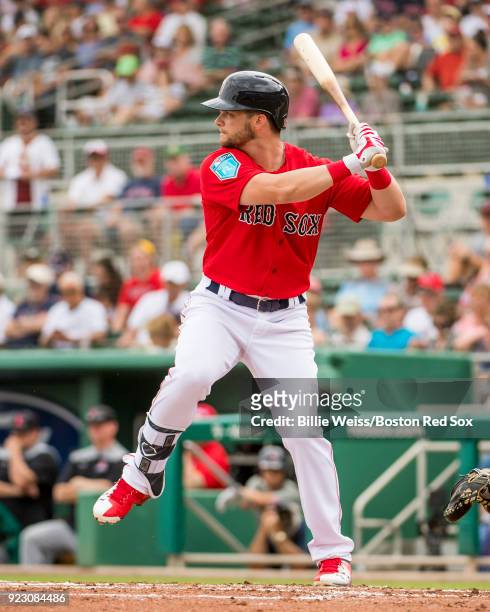 Andrew Benintendi of the Boston Red Sox bats during a game against Northeastern University on February 22, 2018 at jetBlue Park at Fenway South in...
