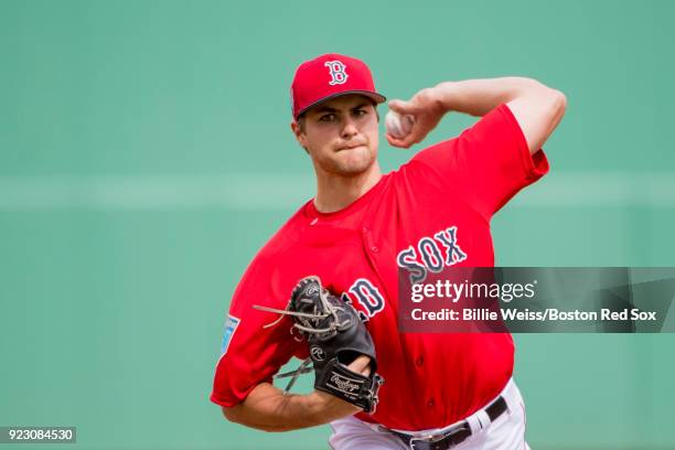 Jalen Beeks of the Boston Red Sox delivers during a game against Northeastern University on February 22, 2018 at jetBlue Park at Fenway South in Fort...