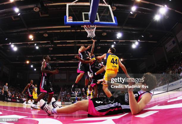 Johannes Strasser of Baskets lays on the ground during the Beko Basketball Bundesliga game between Telekom Baskets and Phoenix Hagen at the Telekom...