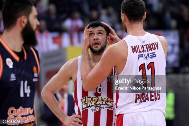 Kostas Papanikolaou, #16 of Olympiacos Piraeus react during the 2017/2018 Turkish Airlines EuroLeague Regular Season Round 23 game between Olympiacos...