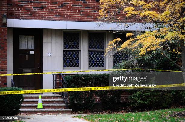 Police tape is stretched across the rectory of St. Patrick's Church on October 23, 2009 in Chatham, New Jersey. The Morris County Prosecutor's office...