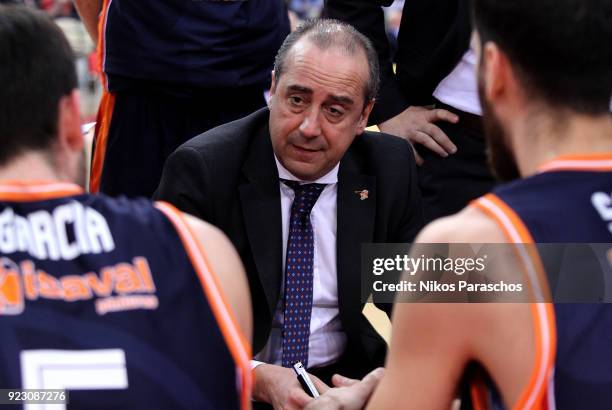 Txus Vidorreta, Head Coach of Valencia Basket react during the 2017/2018 Turkish Airlines EuroLeague Regular Season Round 23 game between Olympiacos...