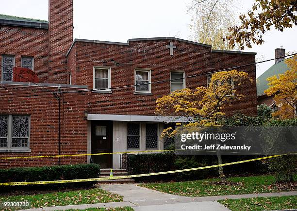 Police tape is stretched across the rectory of St. Patrick's Church on October 23, 2009 in Chatham, New Jersey. The Morris County Prosecutor's office...