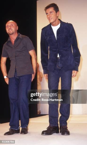 Italian designers Domenico Dolce and Stefano Gabbana on the runway at Bryant Park during NY Fashion Week, New York, 1993.