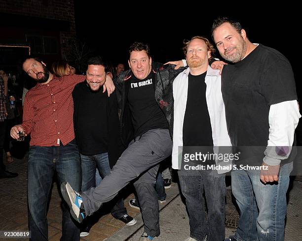 Comedian Tom Green, personal manager, John Schneider, comedians Jeff Richards, Jordy Fox and Shawn Halpin pose at The Ice House Comedy Club on...