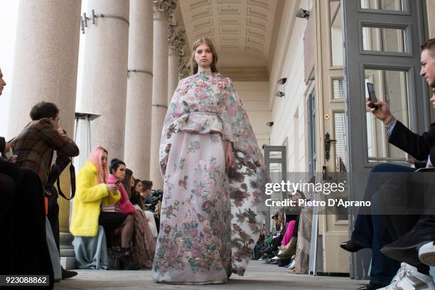 Model walks the runway at the Luisa Beccaria show during Milan Fashion Week Fall/Winter 2018/19 on February 22, 2018 in Milan, Italy.