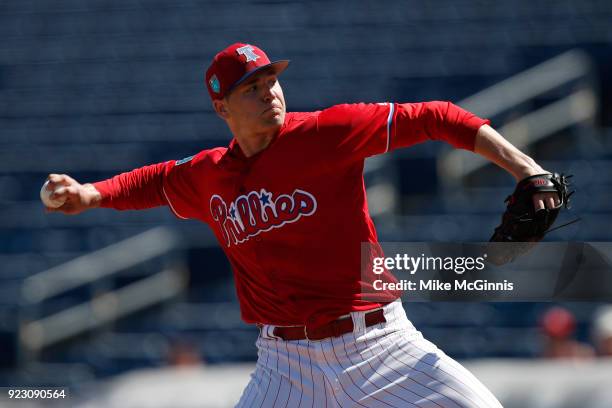 Jerad Eickhoff of the Philadelphia Phillies pitches during the first inning against the University of Tampa during the Spring Training at Spectrum...